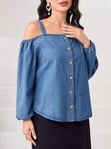 SHEIN Privé Cold Shoulder Lantern Sleeve Denim Top - Medium Wash - View 2