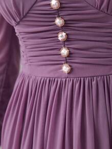 Modelyn Puff Sleeve Button Front Dress Long Evening Dresses - Dusty Pink - View 4