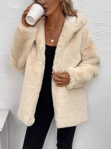 SHEIN LUNE Open Front Hooded Teddy Coat - Apricot - View 5