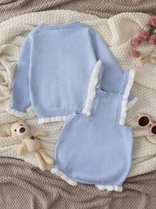 SHEIN Baby Girl Floral Embroidery Cardigan & Knit Bodysuit - Blue - View 2