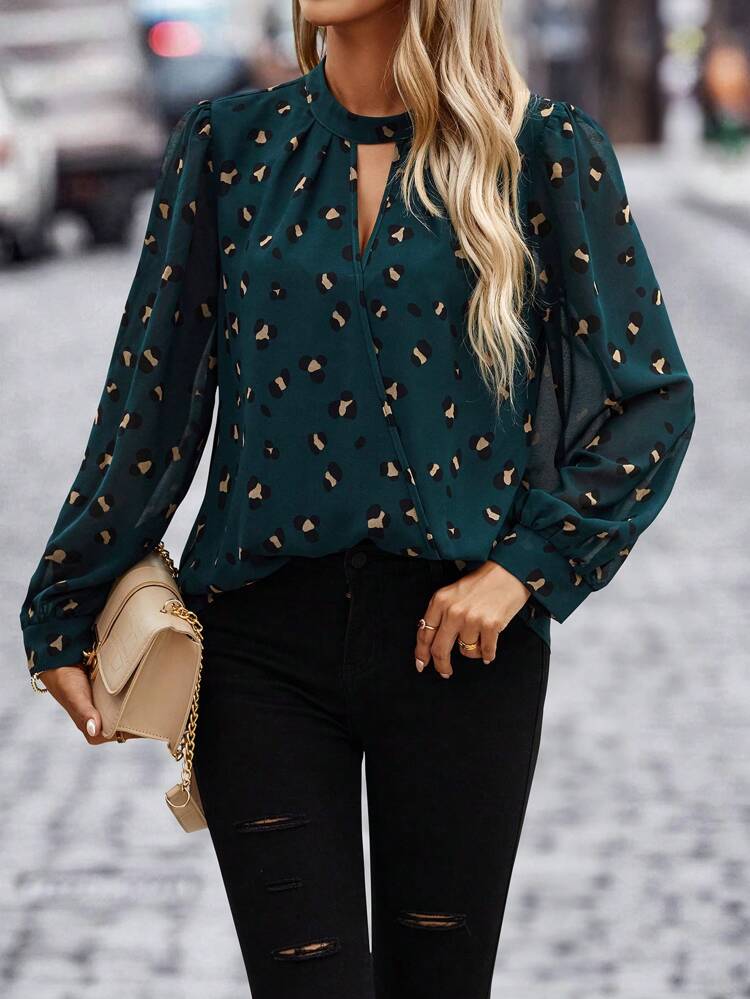 Allover Print Keyhole Neckline Blouse