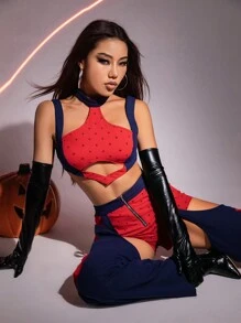 SHEIN ICON Two Tone Cut Out Crop Tank Top & Zip Up Pants - Navy Blue - View 6