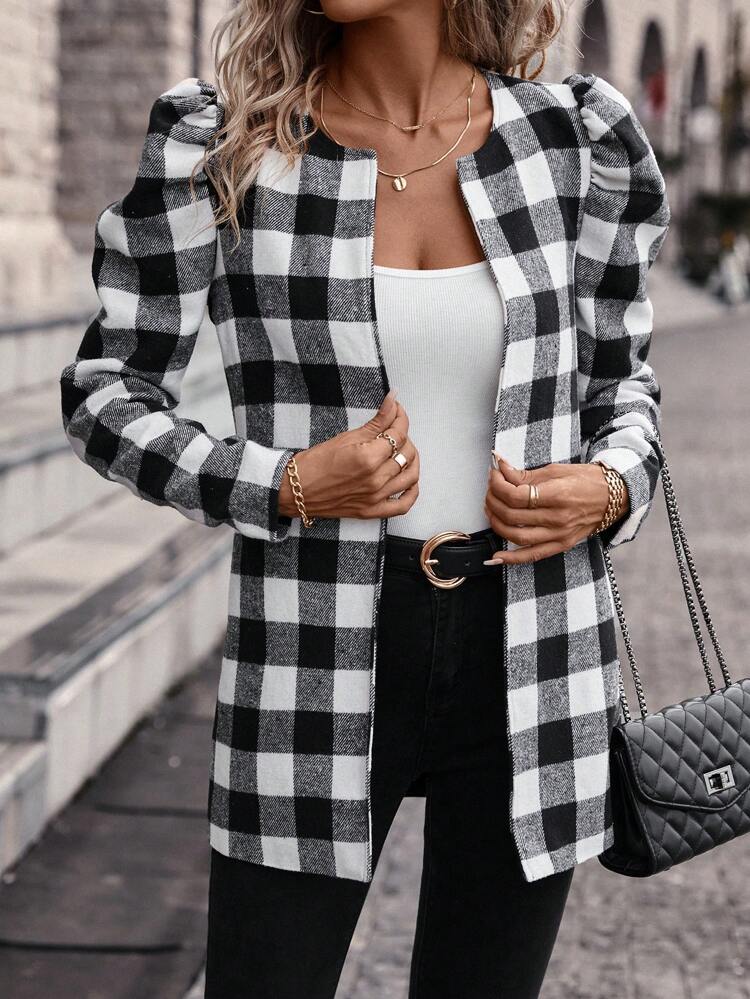 Buffalo Plaid Print Gigot Sleeve Open Front Coat