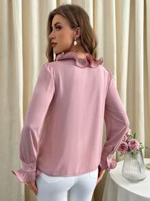 SHEIN Privé Ruffle Trim Flounce Sleeve Blouse - Pink - View 3