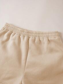 SHEIN EZwear Plus Solid Thermal Lined Sweatshirt & Sweatpants & Track Shorts - Khaki - View 4