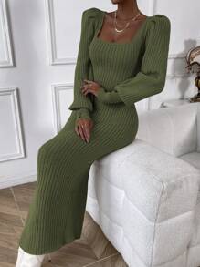 Chiquease Square Neck Lantern Sleeve Sweater Dress Fall Winter Cloth For Women - Army Green - View 3