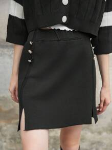 RueChic Button Detail Split Hem Skirt