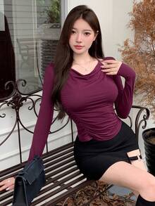 DAZY 纯色褶皱前襟长袖T恤女款 - 紫色 - 查看 8