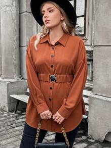 SHEIN Franclia 大碼落肩繫帶襯衫 - 棕色 - 查看 4