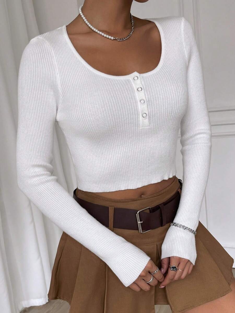 Chiquease Suéter de punto con botones a media altura para otoño e invierno - Blanco - Ver 1