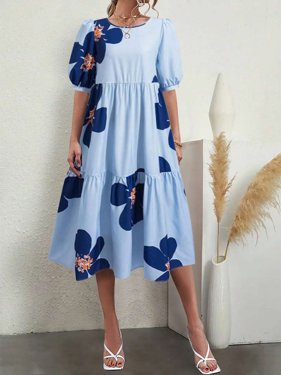 Chiquease Đầm Maxi Tay Phồng In Hoa Có Viền Xếp Ly Cho Nữ - Màu xanh lam - Xem 1