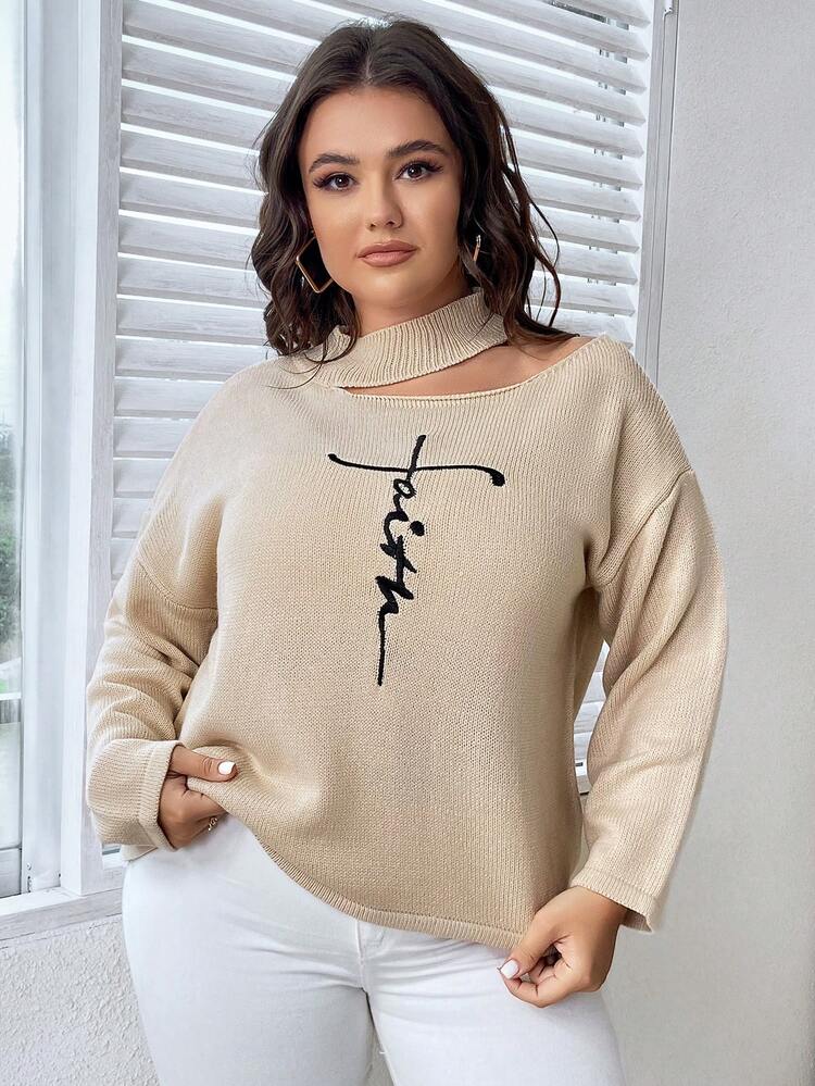Plus Letter Embroidery Cut Out Drop Shoulder Sweater Knit Pullover Fall Winter Sweater