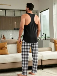 Men Solid Tank Top & Plaid Print Pants PJ Set - Multicolor - View 2