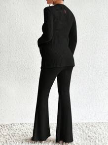 SHEIN Maternity Mock Neck Split Hem Tee & Flare Leg Pants - Black - View 2