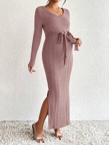 SHEIN 孕婦開衩大腿束帶洋裝 - 粉色 - 查看 3