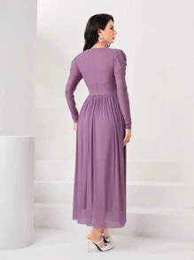 Modelyn Puff Sleeve Button Front Dress Long Evening Dresses - Dusty Pink - View 2