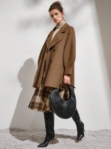 Anewsta 翻領雙排扣大衣 - 咖啡棕 - 查看 1