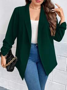 SHEIN Clasi Plus Shawl Collar Ruched Sleeve Open Front Blazer - Dark Green - View 3