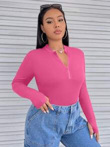 SHEIN EZwear Hơn Một nửa khóa kéo Áo phông vừa vặn - Màu Hồng Tươi - Xem 5