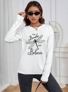 INAWLY 蜻蜓和口号图案落肩 T 恤 图案 T 恤 女式上衣 - 白色 - 查看 5