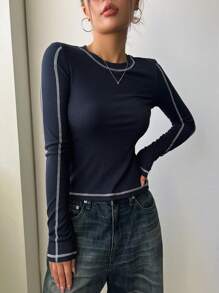 DAZY Top-stitching Ribbed Knit Tee