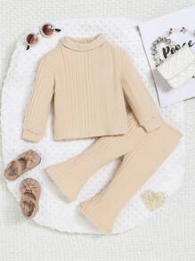 SHEIN 2入組純色高領寶寶女上衣和喇叭褲 - 杏色 - 查看 1