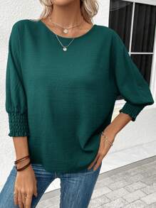 SHEIN LUNE Solid Batwing Sleeve Blouse,Three Quarter Sleeve Tops - Dark Green - View 4