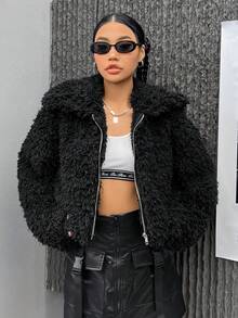 SHEIN EZwear 拉鏈開襟短款毛茸茸夾克 - 黑色 - 查看 4