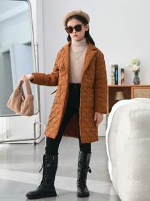 SHEIN Tween Girl 1pc Lapel Neck Belted Quilted Coat