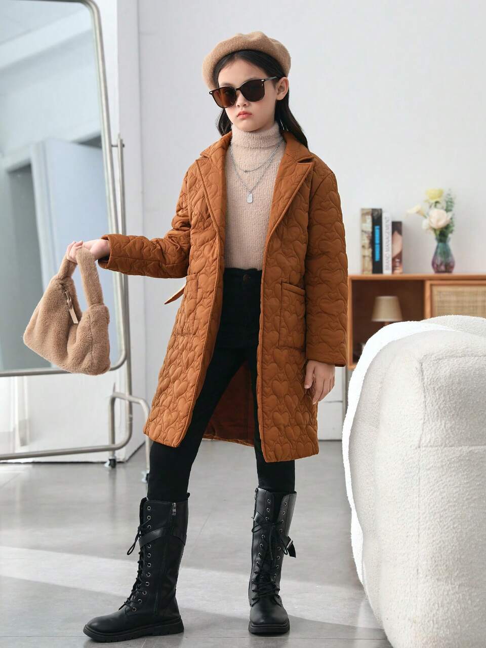 Tween Girl 1pc Lapel Neck Belted Quilted Coat