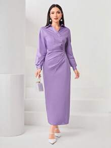 Modelyn Váy dài dạ hội có túi vá cổ Surplice - Màu tím - Xem 6