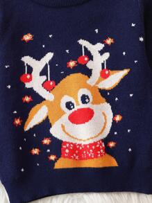 Young Boy Christmas Elk Pattern Sweater - Navy Blue - View 3