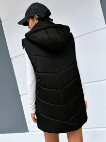 EURMUSE Zip Up Drawstring Hooded Puffer Vest Coat - Black - View 2