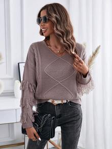 SHEIN Essnce Fringe Trim Drop Shoulder Cable Knit Sweater - Dusty Purple - View 6