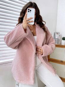 Celure Áo khoác thường ngày bằng len cừu giả ve áo màu trơn cỡ lớn cho nữ - Hồng - Xem 6