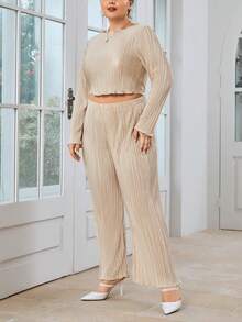 SHEIN Essnce Plus Lettuce Trim Crop Tee & Wide Leg Pants - Apricot - View 5