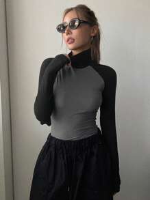 DAZY Solid High Neck Tee,Fall Clothes Long Sleeve Women Tops,Thermal Lined