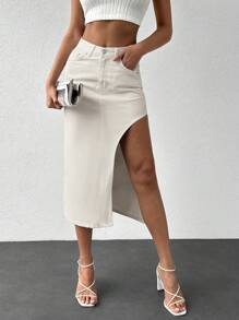 EURMUSE Tách đùi Váy Denim - Màu be - Xem 1
