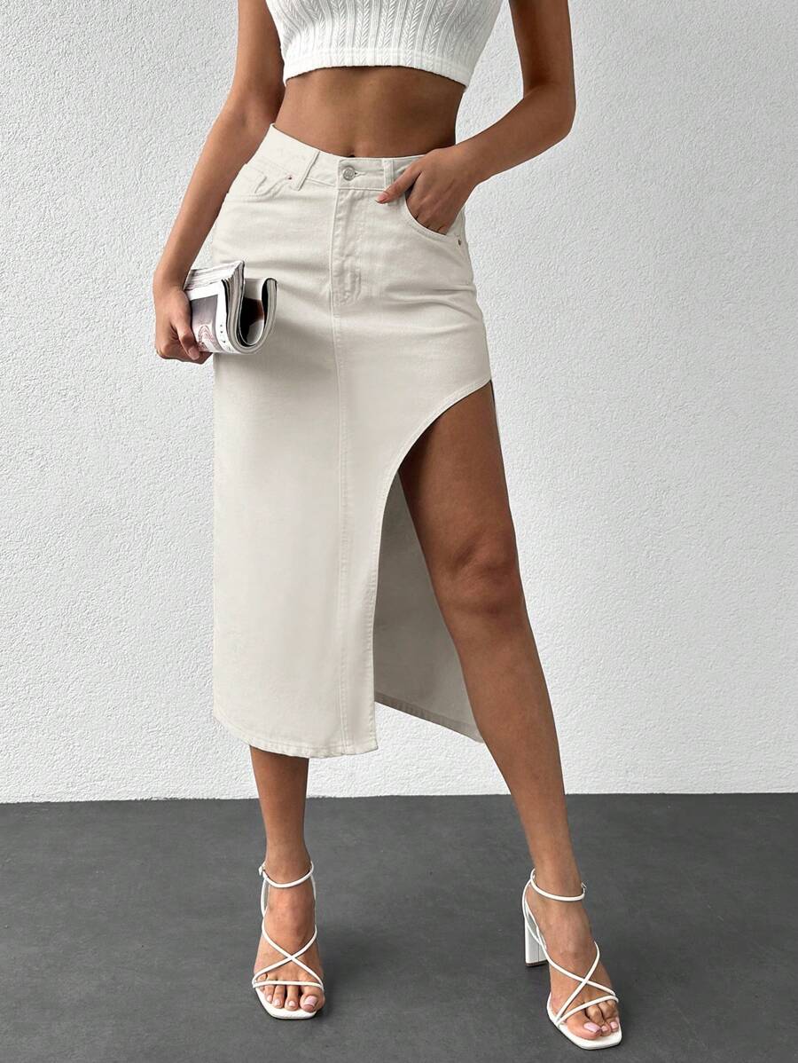 EURMUSE Tách đùi Váy Denim - Màu be - Xem 1