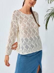 Soleia Solid Drop Shoulder Open Knit Sweater - Apricot - View 3