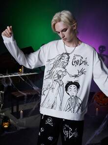ROMWE MEN Corpse Bride | ROMWE Guys Letter Figure Graphic Drop Shoulder Sweatshirt - White - View 4