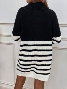 SHEIN Clasi Striped Pattern Turtleneck Drop Shoulder Sweater Dress Without Belt - Black and White - View 2