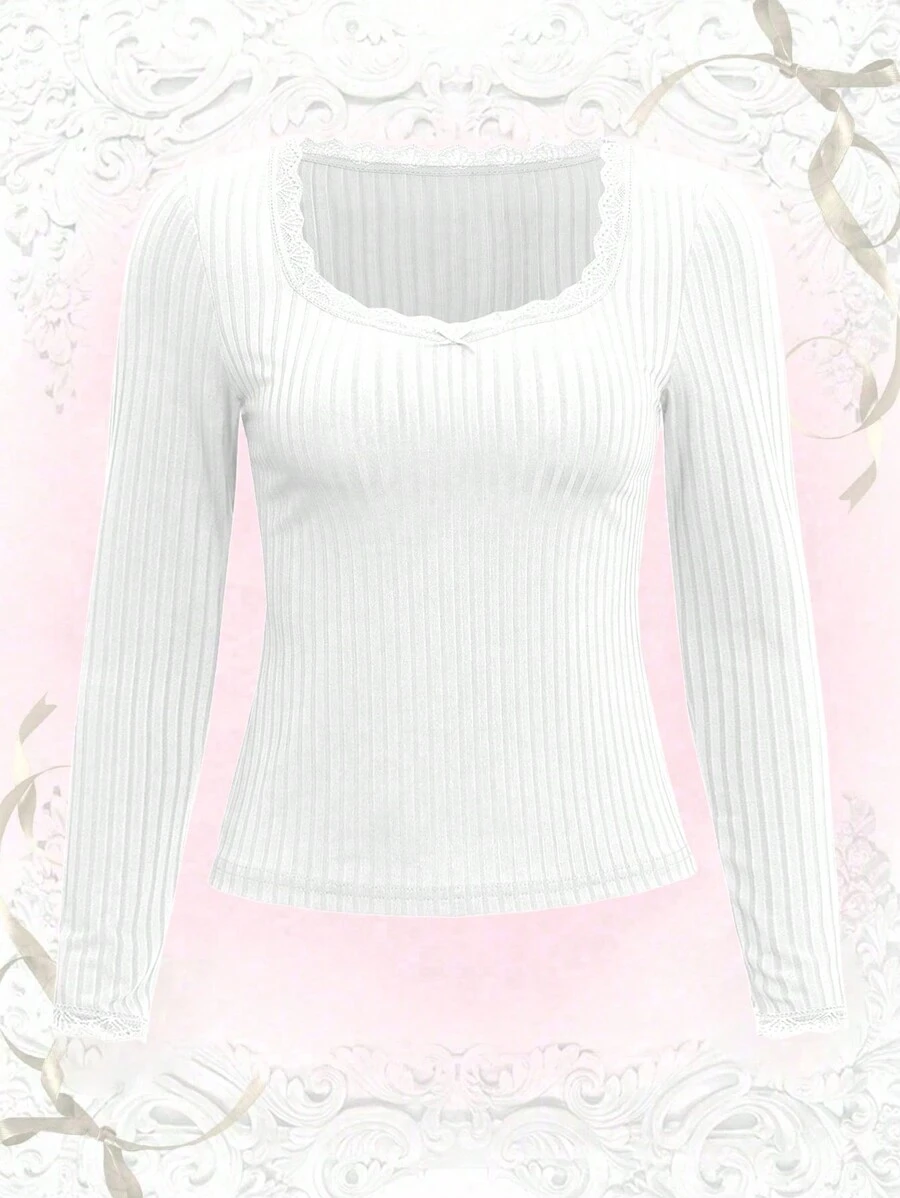 Flirla Plus Lace Trim Tee - White - View 1