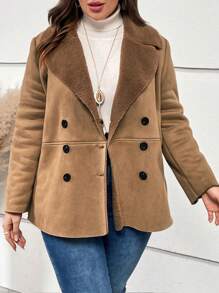 EMERY ROSE 大碼西裝領雙排釦毛絨內襯外套 - 卡其色 - 查看 1