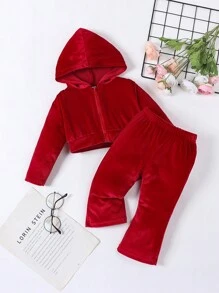 Baby Girl Zip Up Hooded Jacket & Pants - Red - View 1