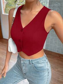 SHEIN EZwear 秋冬款纽扣前短款背心 - 紅色 - 查看 3