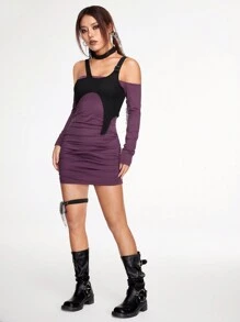 SHEINNeu Two Tone Ruched Bodycon Dress - Purple - View 4
