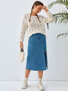 Soleia Solid Drop Shoulder Open Knit Sweater - Apricot - View 4