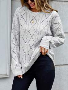 SHEIN LUNE 休閒麻花紋純色女士毛衣 - 淺灰色 - 查看 5