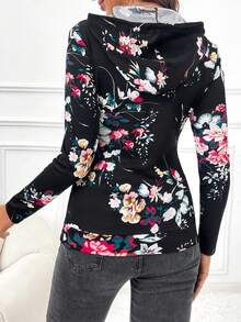 SHEIN Floral Print Kangaroo Pocket Drawstring Hooded Nursing Hoodie - Black - View 5